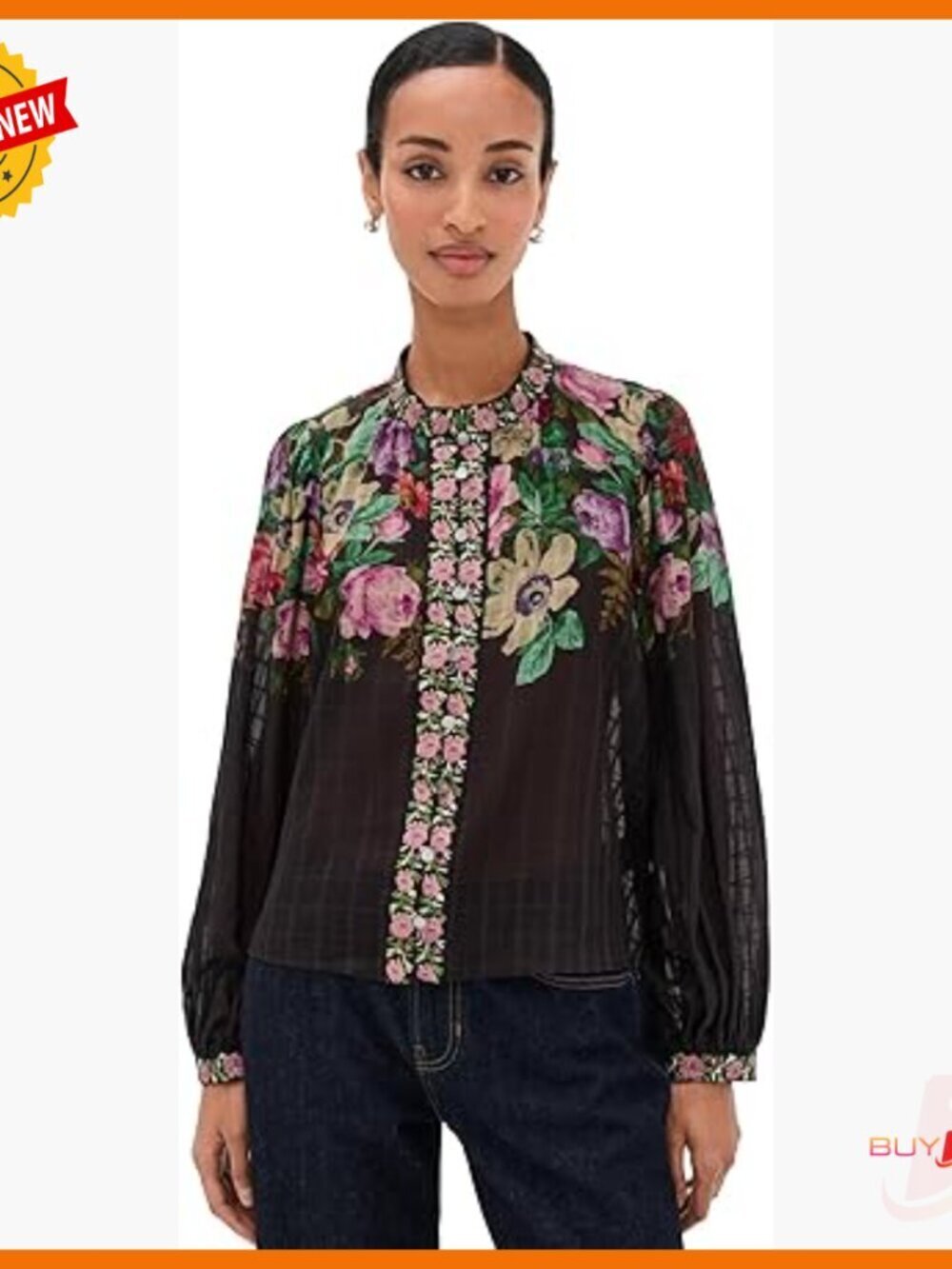 Mock Neck Long Sleeve Blouse with Embroidered Floral Trim